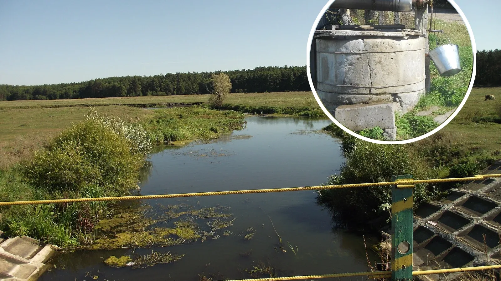 The Chornohorodka river in Bucha district and a well in a private yard. Collage: Bucha FM. Photos: Firef7y, Nickispeaki / Wikimedia Commons, CC BY-SA