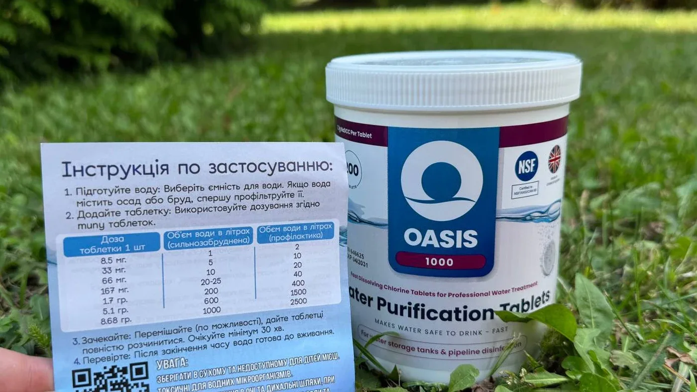 Water purification tablets and instructions handed to residents along with drinking water. Photo: Borshchahivka village council
