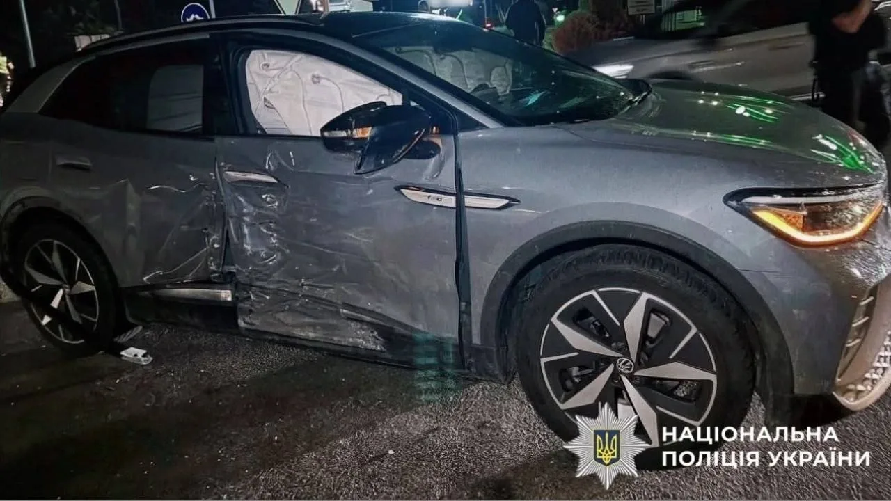The Volkswagen after the collision with the motorcycle on Shevchenka Street in Bucha.