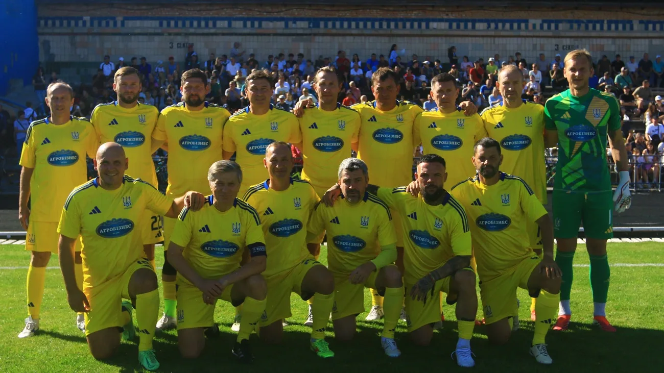 Ukraine’s national veterans’ team before the match in Lubny