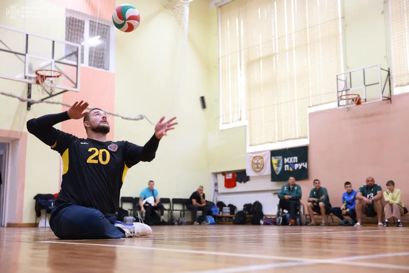 Open photo full screen A serve at the Ukrainian veterans’ sitting volleyball championship