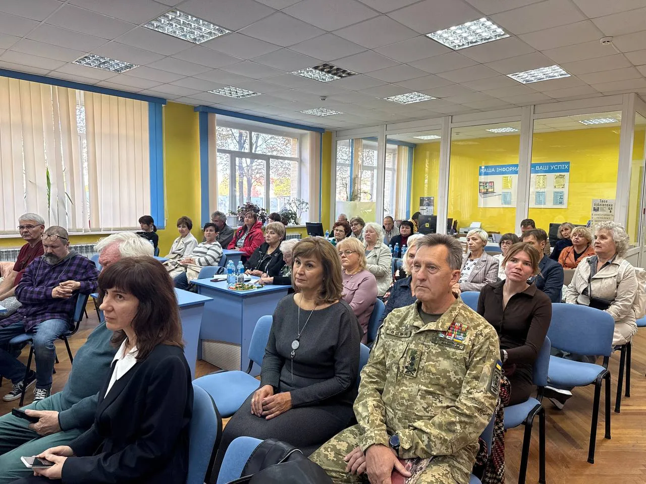 The audience at the screening of “Azovstal. Shelter of Love” at the Irpin city library