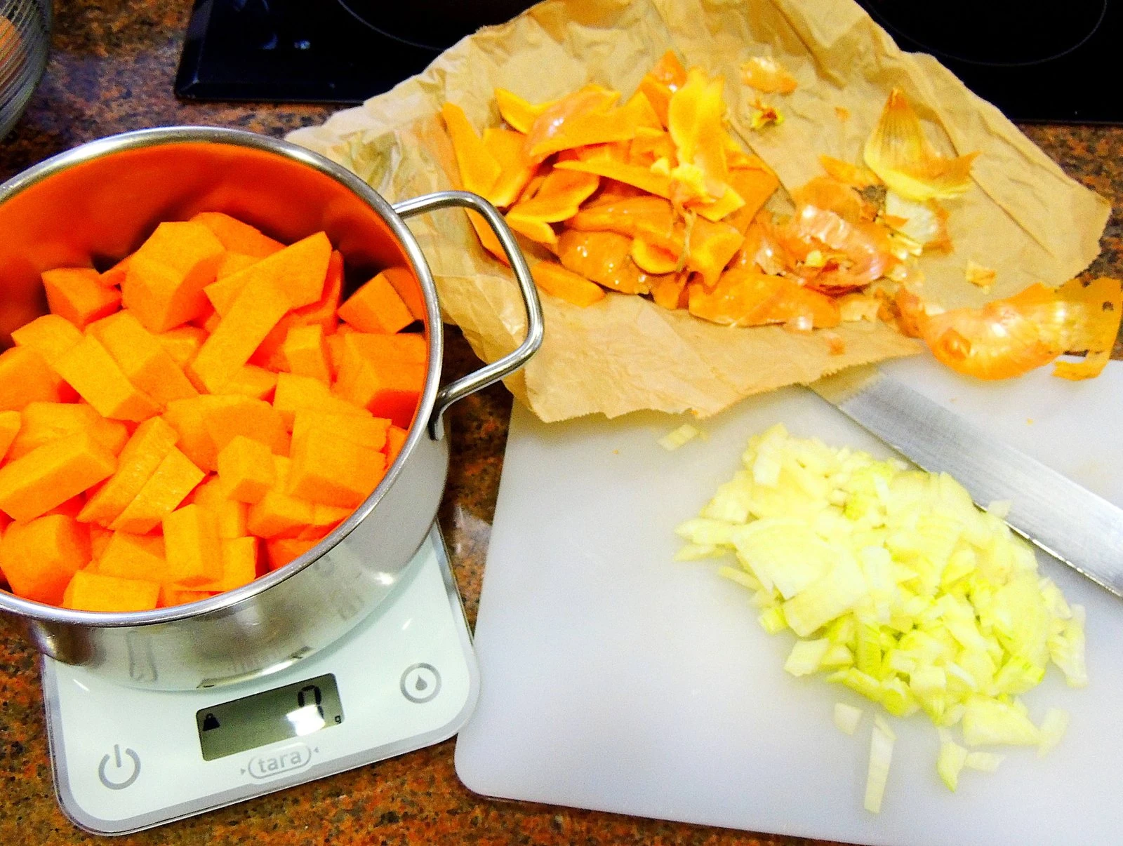Cubed pumpkin and chopped onion