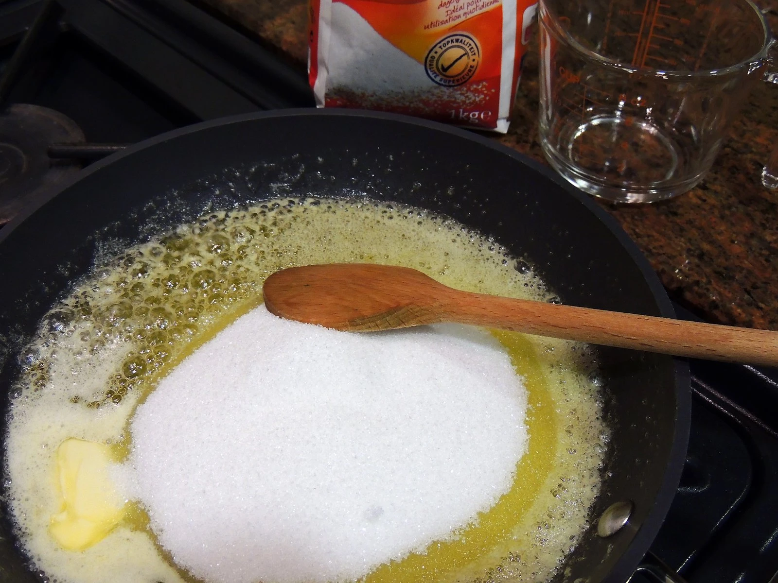 Butter and sugar in the pan