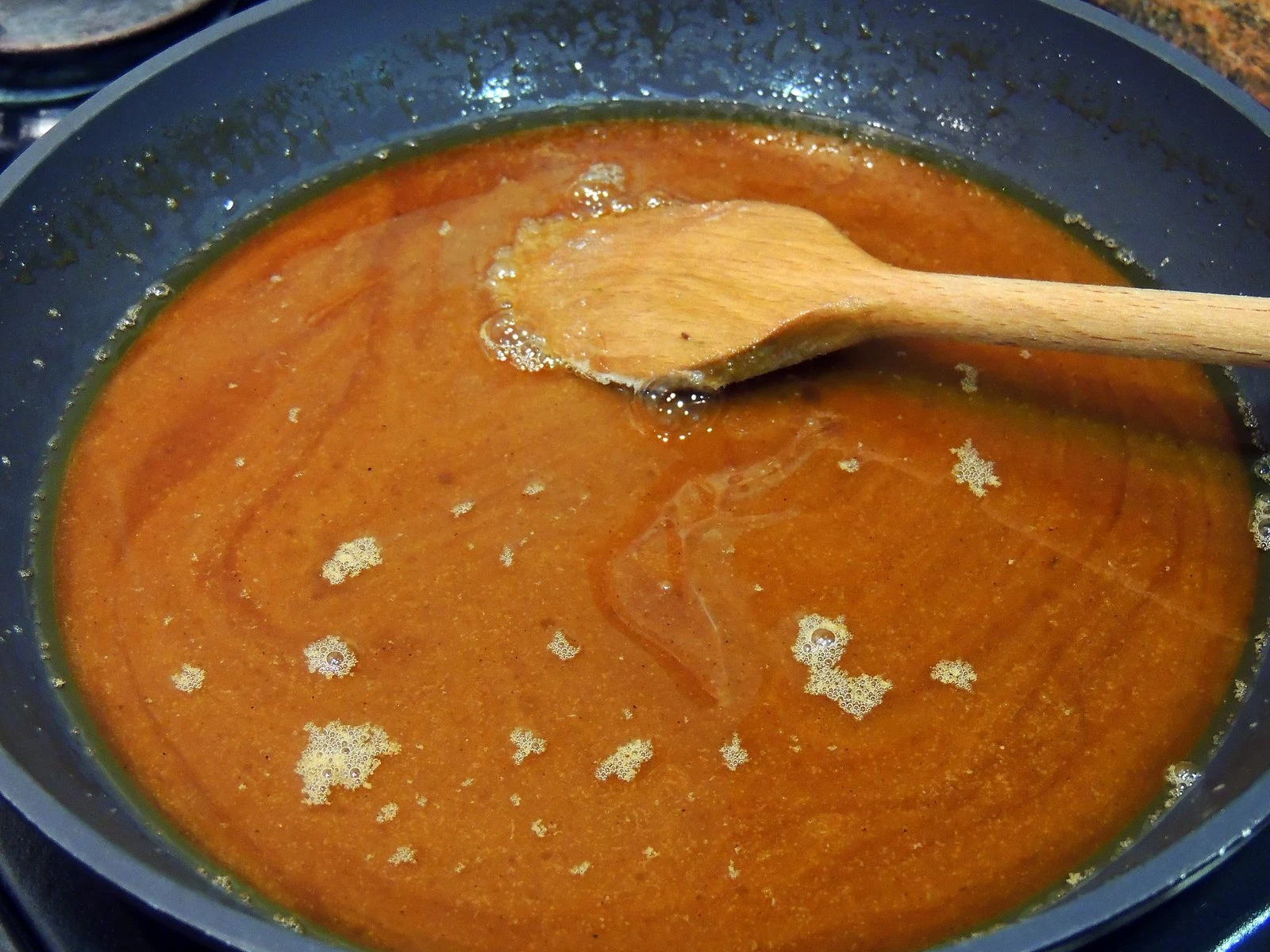 The caramel is cooked to a deep brown